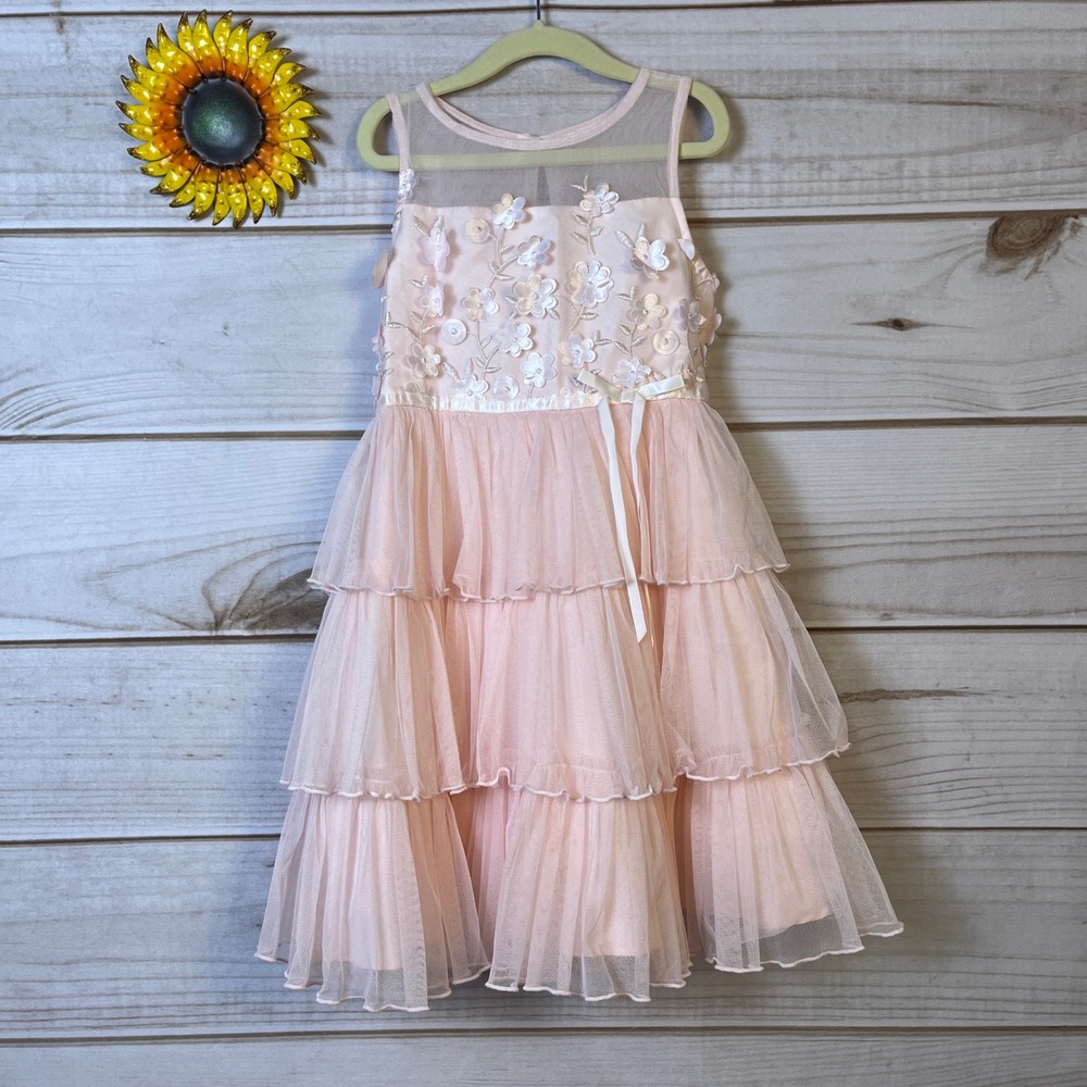 Jona Michelle Girls Pink Tulle Flower Girl Easter Dress Tiered Ruffle 6